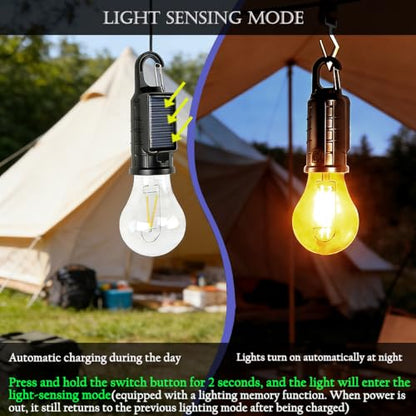 Solar Camping Lantern, Portable LED Camping Light with Light Sensor, USB Rechargeable Tent Light, Dusk to Dawn Waterproof Hanging Emergency Light for Outdoor Hiking Backpacking Patio Warm White 2 Pack