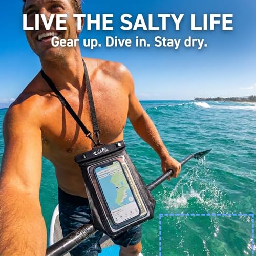 Salt Life Large Waterproof Phone Pouch Bag – IPX8 100% Waterproof Protection, Extra Storage Phone Dry Bag with Touchscreen Clear Window, Secure Seal Closure & Lanyard for Beach & Water Sports - color: Black