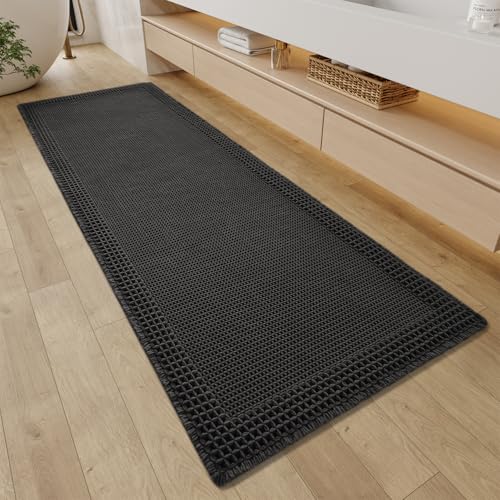 RESARE Waffle Bathroom Runner Rugs, Super Absorbent Bath Mat Non Slip Washable Quick Dry, Upgraded Ultra Soft Boho Bath Rugs with Tassels, Farmhouse Home Decor Accessories, 2'x5'(24"x60") Black - color: Black, size: 2' X 5'