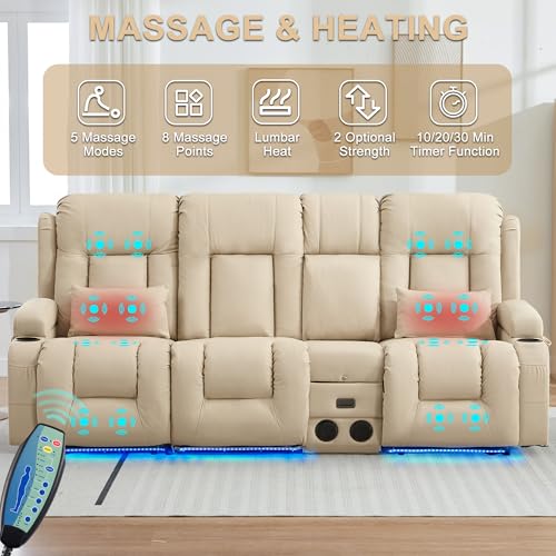 URRED Power Loveseat Recliner Sofa with Massage and Heat, Wall Hugger Reclining Loveseat with Console, RV Couch Home Theater Seating with LED Lights for Living Room (Beige, 89.8" - 3 Seats) - color: Beige, size: 89.8" - 3 Seats