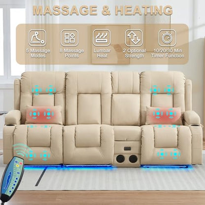 URRED Power Loveseat Recliner Sofa with Massage and Heat, Wall Hugger Reclining Loveseat with Console, RV Couch Home Theater Seating with LED Lights for Living Room (Beige, 89.8" - 3 Seats) - color: Beige, size: 89.8" - 3 Seats