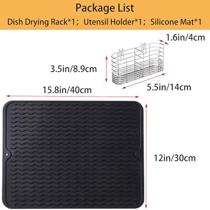 NiuYichee Stainless Steel Dish Drying Rack(14.2"L x 9.5"W x 4.1"H), Expandable Fruit & Vegetable Drain Rack over Sink, Dish Drainer Rack in Sink, with Stainless Steel Utensil Holder & 16" Silicone Mat - size: Small【14.2" X 9.5"】