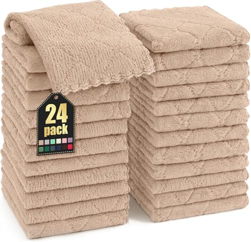 Homaxy 24 Pack Kitchen Dish Cloths (10 x 10 Inches, Tan), Super Soft and Absorbent Coral Velvet Dish Towels, Nonstick Oil Fast Drying Microfiber Cleaning Cloth, No Lint Household Dishcloths - color: Tan, size: 10x10 Inch-24 Pack