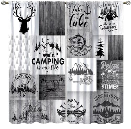 Lake Life Camping Curtain,Fishing Deer Anchor Pine Grid Kids Boys Men Adult Rustic Cabin Grey Retro Patchwork Plaid Window Treatments for Bedroom Living Room Decor 42" W X 45" L - color: Camping-12, size: 20.5"W x 45"L (Pack of 2)