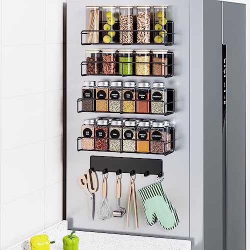 Mystozer 5 Pack Moveable Magnetic Spice Rack Organizer With 6 Hooks for Refrigerator, Metal Fridge Shelf Magnetic Basket for Fridge Kitchen Spice Organizer (Black) - color: Matt Black, size: 5 Pack - Standard