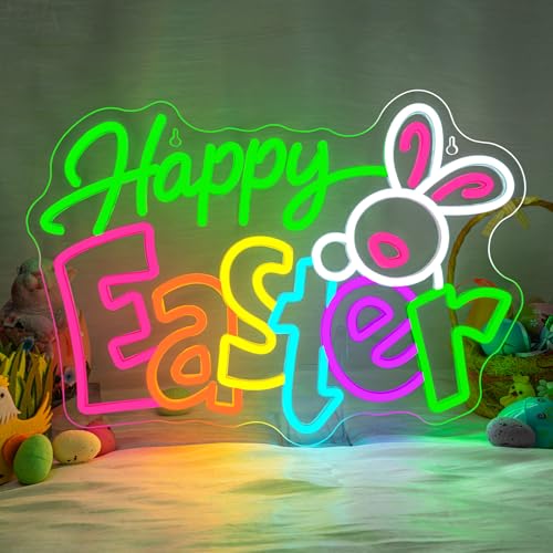 Happy Easter Neon Sign Bunny Neon Light Up Easter Decor Indoor for Home Living Room Windows Spring Decor LED Bunny Sign Rabbit Themed Gifts for Teens Families in Family Games - color: Bunny Ears