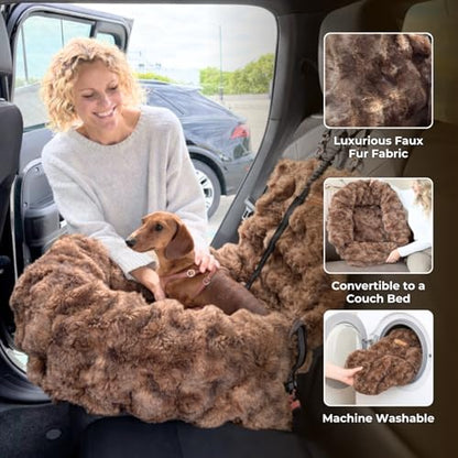 Pelsbarn Luxurious Cozy Car Bed - X-Small Luxury Travel Dog Bed with Safety Belt - Ultra Soft Faux Fur - Brown - color: Brown, size: X-Small