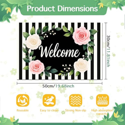 HOMETITUTE Pet Feeding Mat Black White Stripe Pattern 20" x 12", Welcome Sign Flower Design Non Slip Dog Cat Food Mat, Easy Clean Fast Dry Absorbable Pet Bowl Mat for Food and Water - color: colorful9