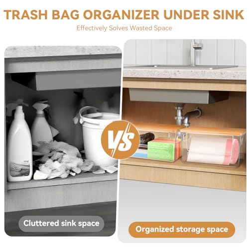 Trash Bag Holder Dispenser, Garbage Bag Dispenser with Bamboo Lid & Handles, Stackable Clear Trash Bag Organizer Under Sink for Kitchen, Pantry, Laundry Room, Cabinet - size: Small