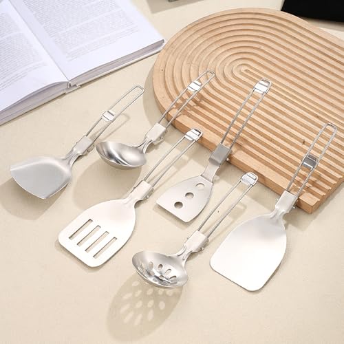 Camping Cooking Utensil Set Foldable 304 Stainless Steel Spatula Turner Soup Spoon Kit Portable Kitchen Utensils Folding Cookware Kit for Outdoor Travel Hiking Picnic (Silver B, Colander Spatula) - color: Silver B, Colander Spatula