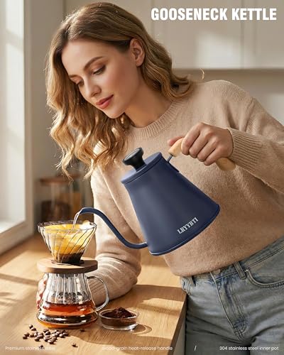 Gooseneck Kettle Stovetop, Blue, 37 fl oz | Thermometer, 3-Layer Base, Pour Over Kettle, Stainless Steel, Compatible with all Stove Tops - color: Blue