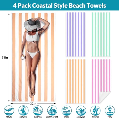Frienda 4 Pack Microfiber Oversized Lightweight Beach Towel 71x32 in for Women Men Microfiber Quick Dry Sand Free Ocean Coastal Towels for Beach Pool Travel (Pastel Stripe) - style: Pastel Stripes Beach Towels