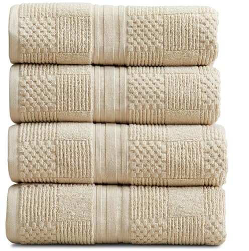 Springtree Home 100% Cotton Bath Towel Set of 4 | Beige Towels | Geometric Textured Design | Absorbent & Quick-Dry | 4 Bath Towels | Oeko-TEX® Standard 100 Cotton | Myla Collection - Sandshell - color: Sandshell, size: Bath Towel (4 Pack)