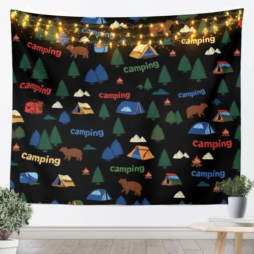 jejeloiu Happy Camping Tapestry Camping Bear Wall Art for Living Room Bedroom Outdoor Tent Campfire Pattern Wall Hanging Blanket Home Decor Large 59"x82" - color: Black Green Brown, size: Large