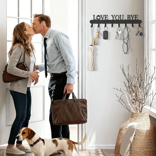 Key Holder for Wall - 'Love You Bye' Key Hooks,Key Holder Wall Mount Self Adhesive, Key Rack Wall Mount for Wall No Drill for Living Room, Kitchen, Bathroom, Garage (Black, 8 Hooks) - color: Love You Bye' Black 1p