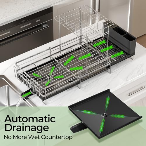 Large 2 Tier Dish Drying Rack, Extendable Dish Rack, Stainless Steel Anti-Rust Dish Rack for Kitchen Counter, Multifunctional Dish Drainer with Utensil & Cup Holder, 13.4"-28.7" L x 11.8" W - color: Silver, size: 2 Tier