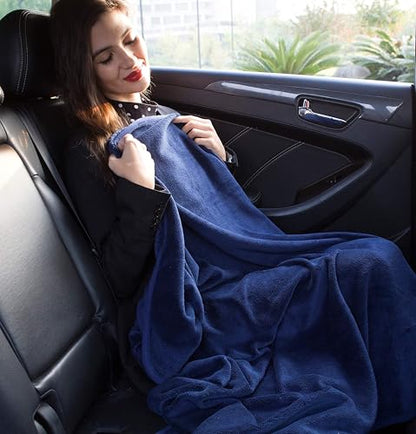 BlueHills Premium Soft Long Travel Blanket Pillow for Tall Airplane Flight Blanket Throw Luggage Belt & Backpack Clip Compact Packable Car Large 2 in 1 Combo Warm Gifts Navy Blue T051 - color: Navy-long-t051