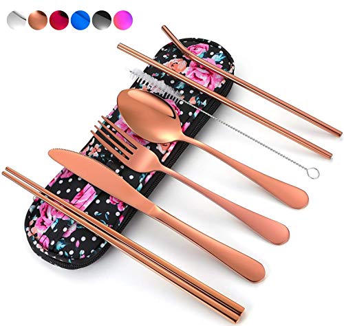 Travel Utensils,Reusable Silverware Set To Go Portable Cutlery Set with a Waterproof Carrying Case for Lunch Boxes Workplace Camping Picnic (Rosegold) - color: Rosegold