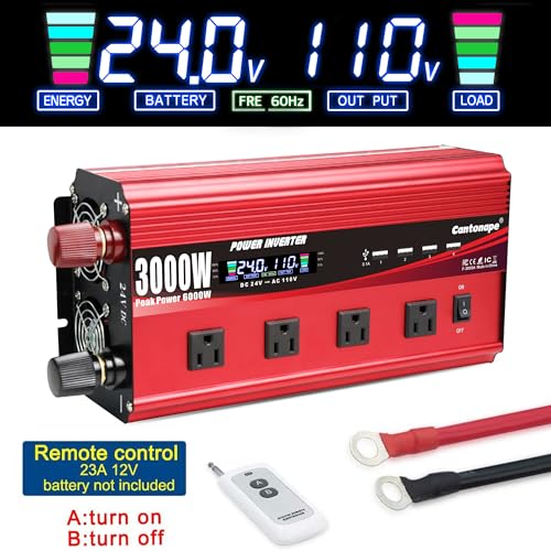 Cantonape 3000W Power Inverter 24V to 110V/120V DC to AC with LCD Display, Remote Controller 4 x AC Outlets and 4 x 3.1A USB Car Adapter for Car Truck Boat RV Solar System - size: 3000W-24V