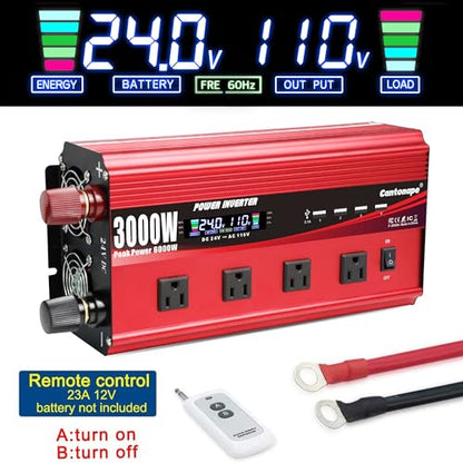Cantonape 3000W Power Inverter 24V to 110V/120V DC to AC with LCD Display, Remote Controller 4 x AC Outlets and 4 x 3.1A USB Car Adapter for Car Truck Boat RV Solar System - size: 3000W-24V