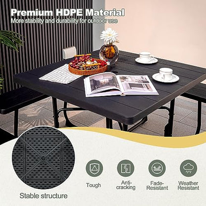 Tangkula 8 Person Picnic Table, Outdoor Square Picnic Table with 4 Built-in Benches, Umbrella Hole, Metal Frame & HDPE Tabletop, Outside Table and Bench Set for Backyard, 2300lbs Weight Capacity - color: Black