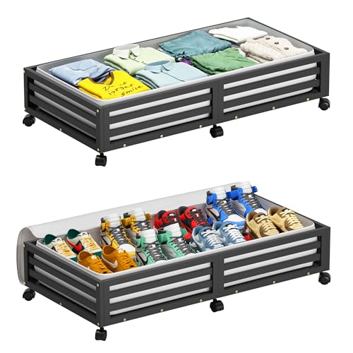 Wisuce Bamboo Under Bed Storage Containers- Underbed Organizer with Wheels with Large Dust Bag,Sturdy Wood Rolling Under the Bed Shoe Storage Organizer Drawer 2 Packs (Black, 2 Pack (30.72"×16.54")) - color: Black, size: 2 Pack (30.72"×16.54")