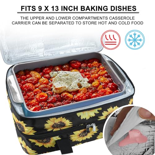 esouler Double Insulated Casserole Carrier Bag Hot & Cold Food Carrier Bag Lasagna Holder Lunch Bag for Picnics, Parties, Travel, Fits 9 x 13 Inches Casserole Dish-Sunflower - color: Sunflower, size: 16x10x7.2 in