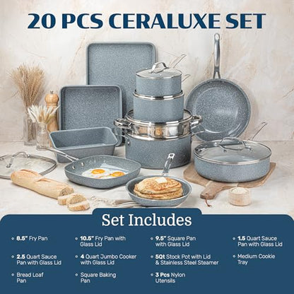Granitestone Ceraluxe 20 Pc Ceramic Cookware Set Nonstick, Complete Pots and Pans Set Non Stick for Kitchen with Bakeware, Utensils & Steamer, Non Toxic Made Without PFOA PFOS, Oven & Dishwasher Safe - color: Gray