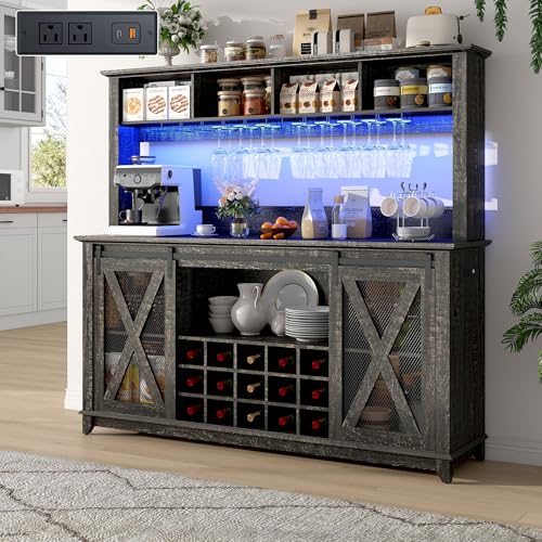 63"Wide 58"H Farmhouse Coffee Bar Cabinet with Power Outlet and LED Light,Wine Bar Cabinet w/ 4 Storage Hutch,Kitchen Buffet Cabinet with 15 Wine and Glass Racks for Kitchen Dining Room(Dark Oak) - color: Dark Rustic Oak, size: 63 in