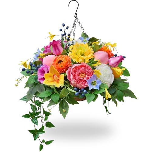 Soomeir Artificial Hanging Flowers Basket for Outdoor, Faux Hanging Plants, Garden-Style Mixed Blooms with Roses, Dahlia & Gerbera, Decorative Fruit & Lush Greenery for Porch, Patio, Balcony - color: Peony