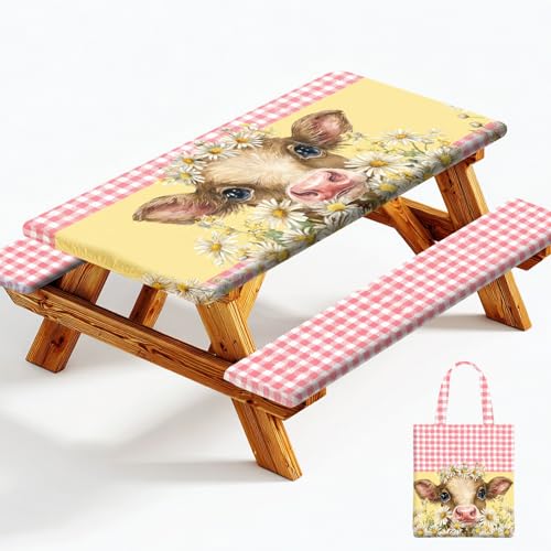 Picnic Table Cover with Bench Covers Elastic Edges, Outdoor Patio Camping Essentials 72 Inch 3PCS, Waterproof Camping Fitted Tablecloth with Handbags (Pink check daisy cow) - color: Pink checkered cow, size: 72" x 30" (Rectangular)