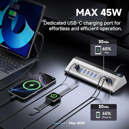Giftos Powered USB Hub, 18 in 1 USB 3.2 Hub with 4K HDMI,PD 100W,45W Charge,10Gbps USB,SD/TF,Audio, 65W Adapter,3.3FT Cable,Aluminum,Smart Button, USB Hub for PC,Mac,Mac mini, iMac,iPhone 17/16,iPad - size: 18 IN 1