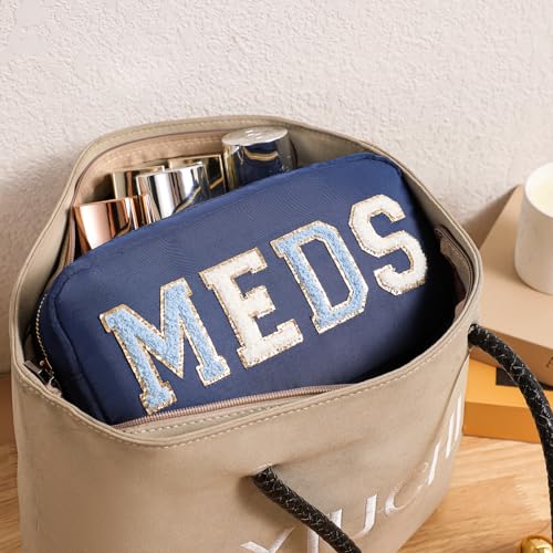 Chenille Letter Patch Nylon Medicine Packages,Cute MEDS Travel Makeup Bag with Metal Zipper, First Aid Purse Organizer Cosmetic Bag for Women and Girls(02Light Blue) - color: 02Light Blue
