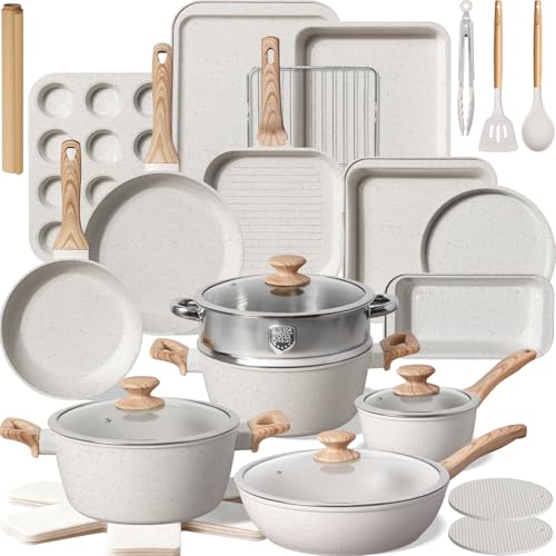 Kikcoin Pots and Pans Set Non Stick 31 Piece Kitchen Nonstick Cooking Cookware Sets with Grill Pan Saucepan Baking Sheet Utensil, Cream White - color: Cream White