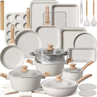 Kikcoin Pots and Pans Set Non Stick 31 Piece Kitchen Nonstick Cooking Cookware Sets with Grill Pan Saucepan Baking Sheet Utensil, Cream White - color: Cream White