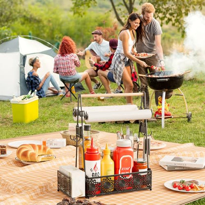 EKNITEY Camping Utensil Grill Holder: BBQ Condiment Griddle Kitchen Organizer With Handle - Caddy Storage For Travel Picnic - color: Wood and black