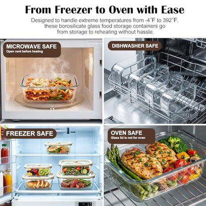 4 Pack Glass Meal Prep Containers with Glass Lids, Plastic-Free Glass Food Storage Containers, Multi-Size Glass Food Prep Containers for Lunch, Leftovers, Microwave, Freezer (12, 21, 35, 50 oz) - size: Multi-Size