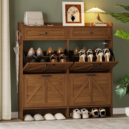 BORNOON Shoe Storage Cabinet for Entryway, Farmhouse Wide Shoe Cabinet with 4 Flip Drawers and 2 Top Drawers, Freestanding Organizer with Adjustable Shelves, Hooks, and Anti-Tip Kit for Hallway - color: Walnut, size: 4 Flip Drawer