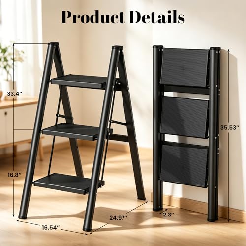 HBTower 3 Step Ladder, Lightweight Aluminum Folding Step Stool, Step Stool Foldable with Wide Anti-Slip Pedal, 330lbs Capacity for Home and Kitchen, Black