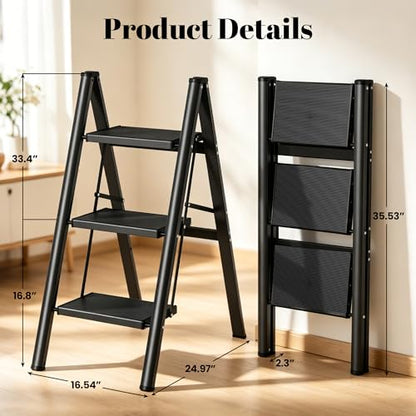 HBTower 3 Step Ladder, Lightweight Aluminum Folding Step Stool, Step Stool Foldable with Wide Anti-Slip Pedal, 330lbs Capacity for Home and Kitchen, Black