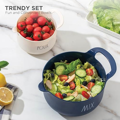 Rae Dunn Non-Slip Mixing Bowls - 4 Piece Nesting Plastic Mixing Bowl Set with Pour Spouts and Handles-Measurement Markings (Cream) - color: Cream