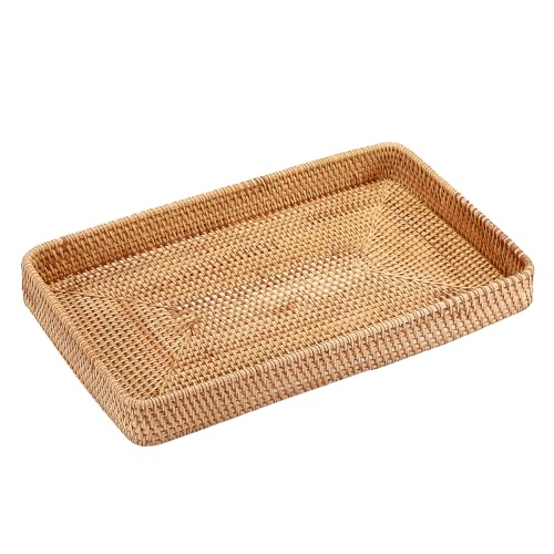 Hipiwe Rattan Serving Tray Large Wicker Storage Basket Tray for Organizing Rectangular Decorative Woven Trays Snacks Fruit Wicker Basket for Coffee Table Bathroom Home Decor,14.8"x 9.0"x1.8" - color: Natural Color, size: 14.8" x 9" x 1.8"