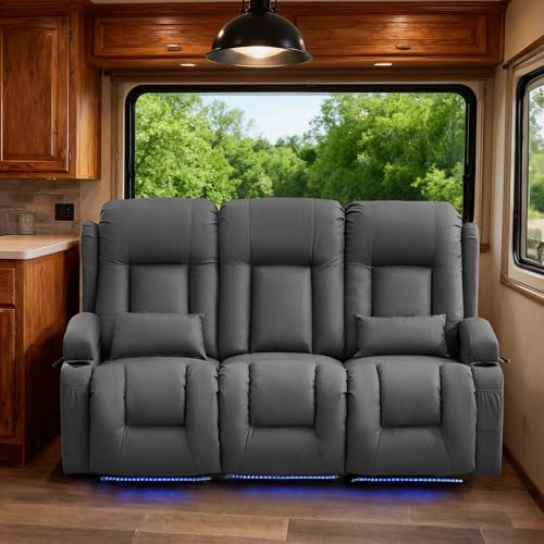 TUNYI Power Loveseat Recliner Sofa with Massage & Heat Home Theater Seating with Console RV Recliner Loveseat Sofa with USB/Storage/Side Pocket/LED Light/Speaker (Dark Grey, 3 Seat) - color: Dark Grey, size: 3 Seat