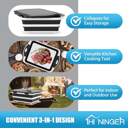 HI NINGER BBQ Prep Tub with Lid, Collapsible Camping Sink with Colander, Cutting Board & Knife Set for Grilling, Smoking & Outdoor Cooking, Collapsible Wash Basin for RV Camping Essentials - color: Black