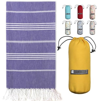 BAY LAUREL Turkish Beach Towel with Travel Bag 39 x 71 Quick Dry Sand Free Lightweight Large Oversized Towels Light - color: Purple With Plain Yellow Bag