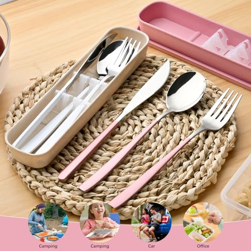 Travel Utensils with Case, 4pc Reusable Utensils Set with Case, Camping Utensil Set, Portable Silverware Lunch Utensils Set for Work Camping School (Beige) - color: Beige