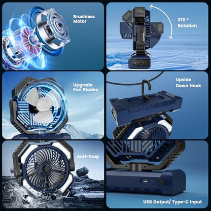 Misting Fan Portable, 20000mAh Rechargeable Battery Powered Camping Fan with Light, Personal USB Battery Operated with Hook & 250mL Water Tank for Outdoor, Tents, Beach, Travel. - color: Blue