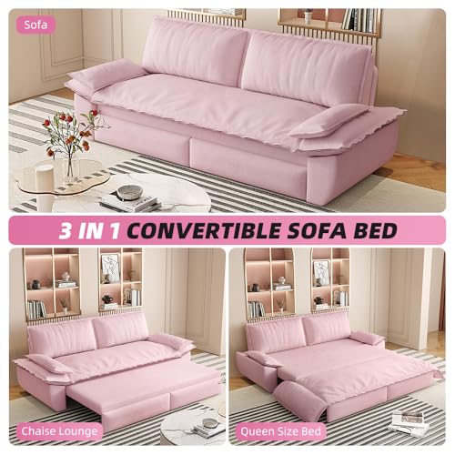 KEIKI 73.2" Queen Size Convertible Sofa Bed, 3-in-1 Pull Out Sleeper Couch with Pillow Armrests, Comfy Velvet Loveseat Sofa, Modern Living Room Furniture for Daily Relaxing Movie Nights Guests - color: Pink, size: 73.2 Inch Queen