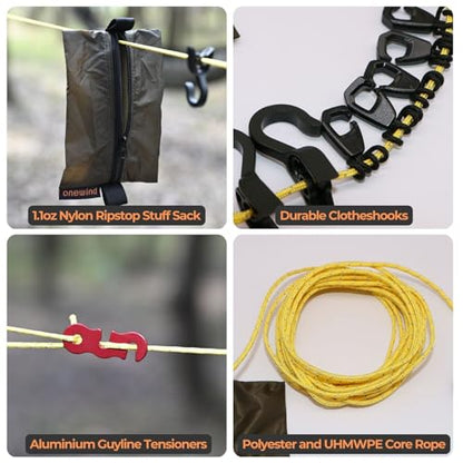 onewind Campsite Storage Line, 6m/19ft Camping Clothesline Hanging Gear for Tent Campers Camping Gear Organization UHMWPE Core Rope GearLine Hanging Organization System for Camping Hiking Backpacking