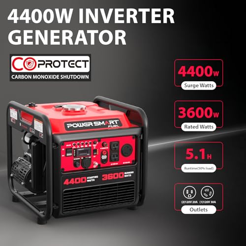 PowerSmart 4400-Watt Open Frame Inverter Generator, Gas Powered, CO-Sensor, Lightweight & Quiet for Home Use and Emergency Backup, Camping, EPA Compliant